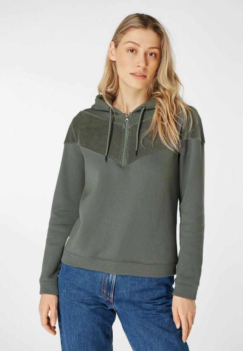 Olijfgroene hoodie met rits en geribbelde textuur over de schouders, kangoeroezak en een effen onderlichaam. Zachte stof, lange mouwen.