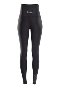 Hoge taille zwarte leggings gemaakt van rekbare stof, met een gladde textuur en een subtiel gestreept patroon bij de enkels.