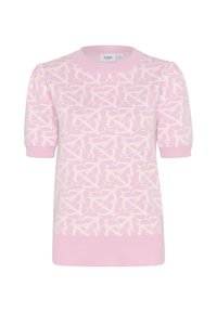 Ljusrosa kortärmad tröja med ett vitt abstrakt mönster, ribbad krage och manschetter, rak passform och mjuk textur.