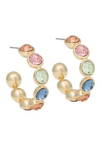 Goldene Creolen mit abwechselnd polierten goldenen Perlen und mehrfarbigen, facettierten Steinen in Pink, Grün und Blau.