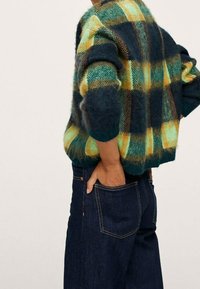 Groen, geel en marineblauw geruit trui met een pluizige textuur; gedragen over een donkere spijkerbroek, met een losse pasvorm en afhangende schouders.