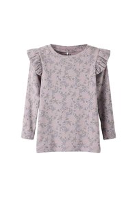 Haut à manches longues en lavande clair avec motif floral. Présente des accents à volants sur les épaules et un col rond. Confectionné en tissu côtelé.