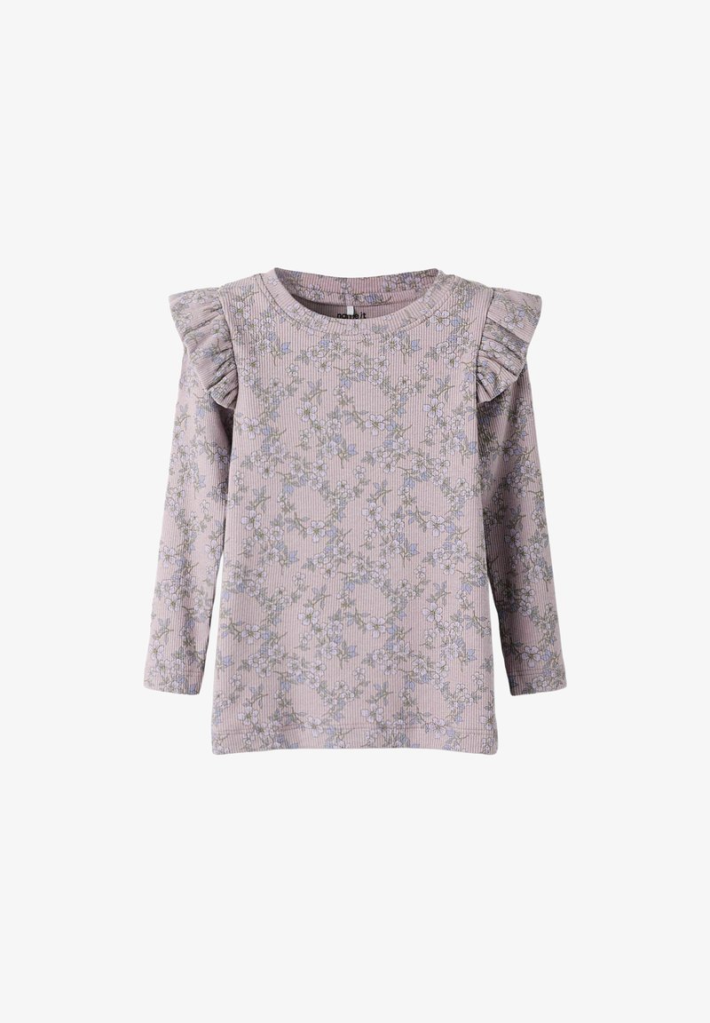 Long-sleeve top in light lavender with floral pattern. Features ruffled shoulder accents and a crew neck. Made of ribbed fabric.