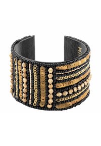 Bracelet en cuir noir avec des perles complexes et des accents métalliques, orné de sequins dorés et en bronze, et doté d'une surface texturée.