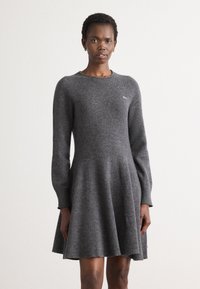 Abito grigio a maglia con maniche lunghe, corpino aderente, gonna svasata e scollatura rotonda. Presenta un piccolo logo sul petto.