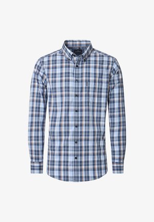 Kariertes Hemd zum Knöpfen in Blau, Weiß und Braun. Langärmlig, mit Kragen, einer Brusttasche und schwarzen Knöpfen. Aus Baumwollmaterial.