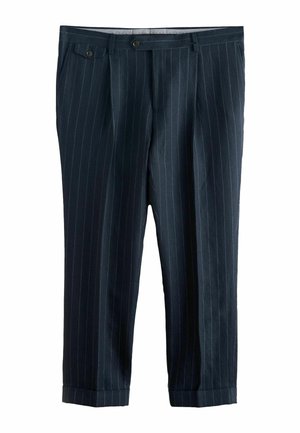 Marineblaue Nadelstreifenhose mit Falten, knöpfbarem Bund, Gürtelschlaufen, Seitentaschen und gekrempelten Säumen.