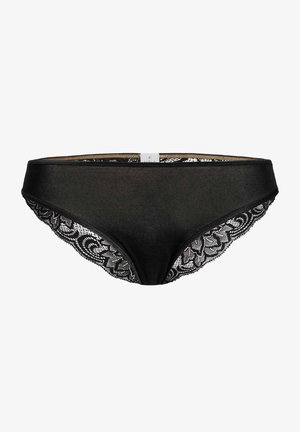 Zwarte bikini-slip met een gladde stof en kanten accenten langs de zijkanten. Beschikt over een comfortabele tailleband en een ingewikkeld kantpatroon.
