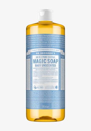 Klare Plastikflasche mit Dr. Bronners 18-in-1 Pure-Castile Magic Soap, babyduftfrei, 945 ml, mit detailliertem blau-weißem Etikettentext.