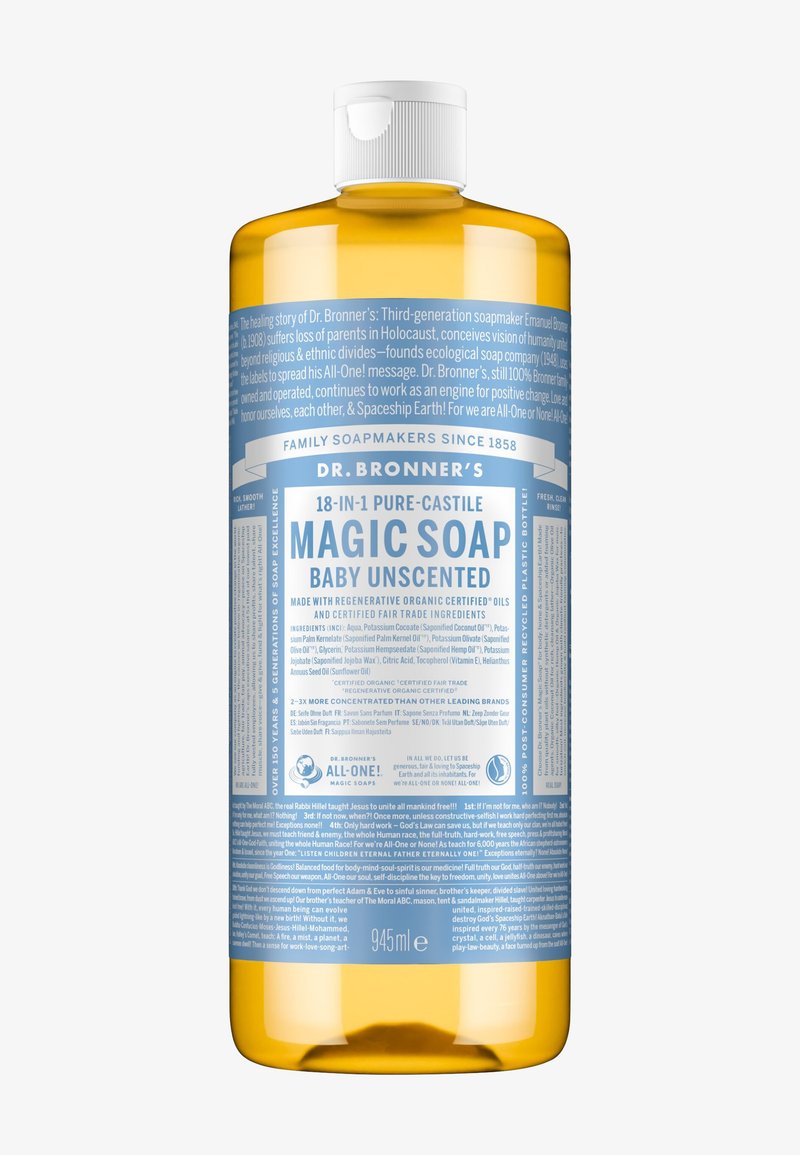 Klare Plastikflasche mit Dr. Bronners 18-in-1 Pure-Castile Magic Soap, babyduftfrei, 945 ml, mit detailliertem blau-weißem Etikettentext.