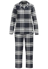Karierte Schlafanzugset aus weichem Stoff; besteht aus einem Hemd mit Knopfleiste und passenden Hosen in Navyblau, Grau und Weiß.