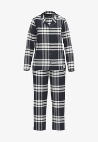 Conjunto de pijama a cuadros hecho de tela suave; incluye una camisa de botón y pantalones a juego en tonos azul marino, gris y blanco.