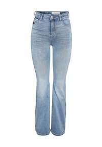 Ανοιχτό μπλε ντένιμ τζιν καμπάνα με ψηλή μέση, πέντε τσέπες και φερμουάρ μπροστά. Το ύφασμα έχει ελαφρώς ξεθωριασμένη υφή και ελάχιστα μεταλλικά στοιχεία.