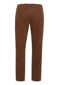 Pantaloni din catifea bej cu croi drept, având nervuri verticale înguste, închidere cu nasture și buzunare standard.