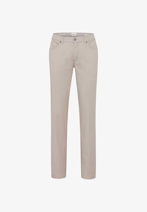 Pantaloni beige da uomo a taglio slim con bottone e cerniera frontali, design a cinque tasche e tessuto strutturato.