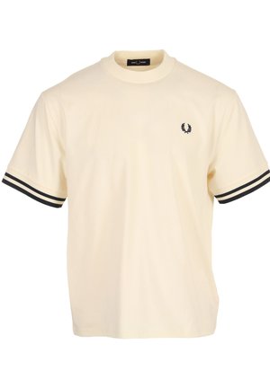 Cremefarbenes T-Shirt mit kurzen Ärmeln, schwarzem Lorbeer-Logo auf der Brust und schwarzen Streifen an den Ärmelbündchen, rundem Halsausschnitt.