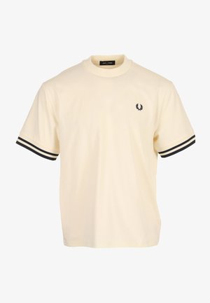 T-shirt a maniche corte color crema con logo d'alloro nero sul petto e strisce nere sui polsini delle maniche, scollatura rotonda.