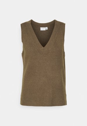 Top senza maniche in maglia verde oliva con scollatura a V profonda, texture a coste e orlo dritto, caratterizzato da dettagli di cucitura minimali.