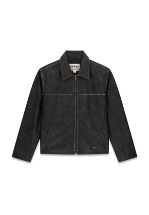 Giacca nera in ecopelle con colletto a punta, chiusura frontale con zip e due tasche laterali. Presenta dettagli di cuciture a contrasto e etichetta del brand.