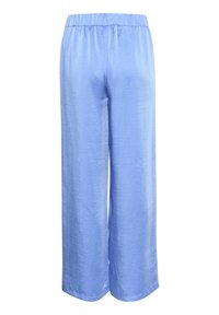 Blue wide-leg trousers with an elastic waistband, made from a smooth, shiny fabric, featuring a subtle sheen and straight cut.