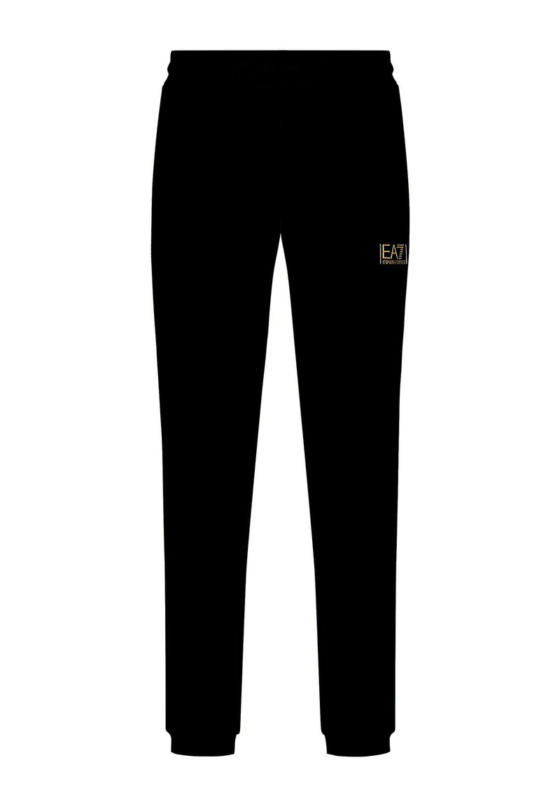 Pantaloni da tuta neri con una vestibilità slim, caratterizzati da una cintura elastica e un piccolo logo dorato sulla coscia sinistra. Tessuto morbido, senza motivi visibili.