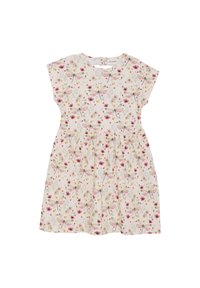 Blumenkleid mit kurzen Ärmeln, hellcremigem Hintergrund, verziert mit rosa Libellen und bunten Blumen, mit geraffter Taille, aus weichem Stoff.
