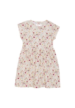 Blumenkleid mit kurzen Ärmeln, hellcremigem Hintergrund, verziert mit rosa Libellen und bunten Blumen, mit geraffter Taille, aus weichem Stoff.