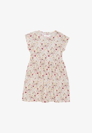 Blumenkleid mit kurzen Ärmeln, hellcremigem Hintergrund, verziert mit rosa Libellen und bunten Blumen, mit geraffter Taille, aus weichem Stoff.