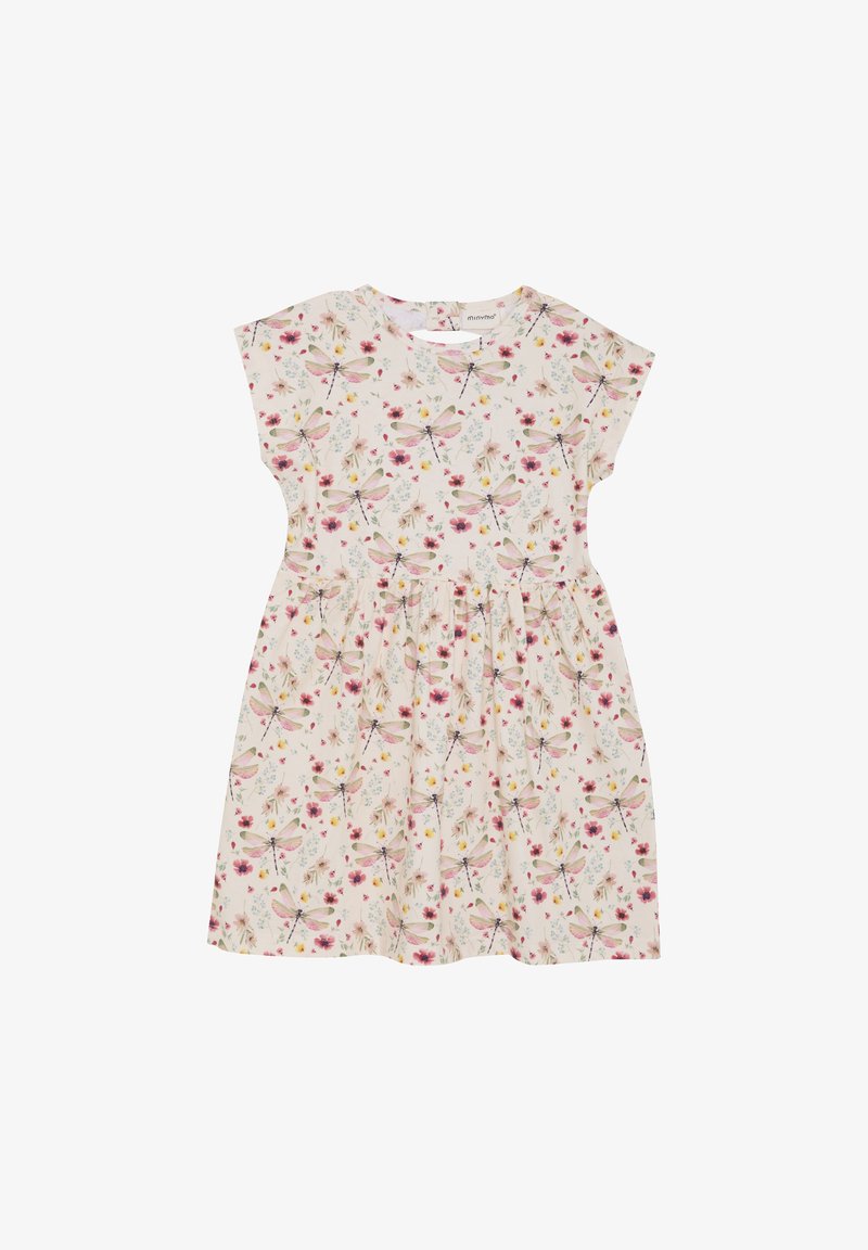 Blumenkleid mit kurzen Ärmeln, hellcremigem Hintergrund, verziert mit rosa Libellen und bunten Blumen, mit geraffter Taille, aus weichem Stoff.