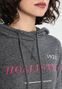 Grå hoodie med dragsko, prydd med "HOLLISTER" broderat i rosa och "1922" i vitt. Mjuk tyg med en texturerad yta.