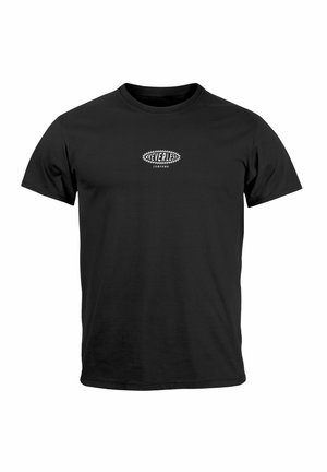 Black T-shirt made of cotton, featuring a small white logo on the chest with a braided design. Short sleeves and round neckline.