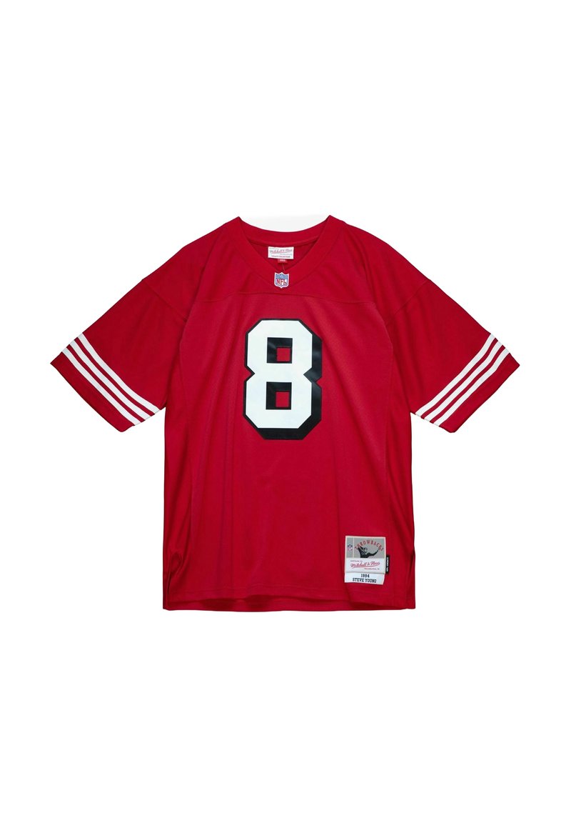 Rotes NFL-Football-Trikot mit weißer Nummer 8, weißen Streifen an den Ärmeln und einem Patch mit der Aufschrift "1994 Steve Young" am unteren Vorderteil.