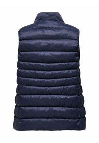 Gilet imbottito blu navy con colletto alto, caratterizzato da sezioni cucite orizzontali e una texture liscia e lucida. Non presenta chiusure visibili.