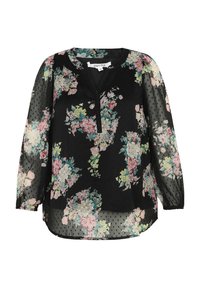 Blouse noire transparente à manches longues avec des motifs floraux rose, blanc et vert et un petit col en V avec des boutons.
