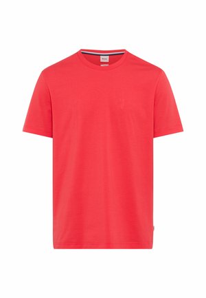 Rød kortærmet t-shirt med rund hals, med et lille mærke på indersiden af kraven og et enkelt, ensfarvet design.