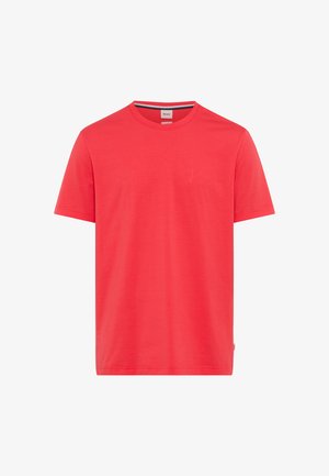 Rød kortærmet t-shirt med rund hals, med et lille mærke på indersiden af kraven og et enkelt, ensfarvet design.