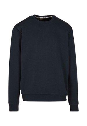 Tumedat sinine puuvillasegusega dressipluus, millel on ümar kaelus, pikad varrukad, soonikmustritega varrukaotsad ja sirge äär. Minimalistlik disain.