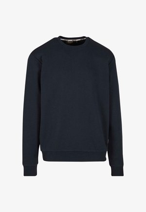 Temno modra majica s kapuco iz mešanice bombaža, z okroglim izrezom, dolgimi rokavi, rebrastimi manšetami in ravnim robom. Minimalističen dizajn.