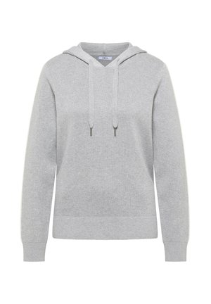 Svetle šedá pletená mikina s dlouhými rukávy, žebrovanými manžetami a lemem a šňůrkami na kapuci u výstřihu.