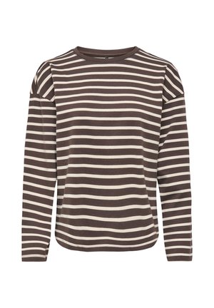 Brązowo-biała koszula w poziome paski z długim rękawem, okrągłym dekoltem i luźnym krojem na białym tle.