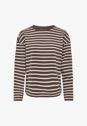 Brązowo-biała koszula w poziome paski z długim rękawem, okrągłym dekoltem i luźnym krojem na białym tle.