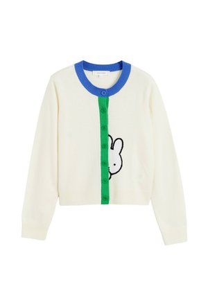 Cardigan crème avec un col côtelé bleu et une patte de boutonnage verte. Présente un motif de lapin noir sur le devant. Texture douce.