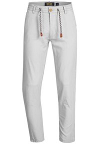 Jasnoszare spodnie wykonane z mieszanki bawełny, z wąskimi nogawkami, sznurkiem w brązowe skórzane akcenty oraz zapięciem na guziki z przodu.
