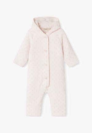 Grenouillère bébé couleur crème avec capuche, manches longues, boutons devant et un motif floral rose subtil.