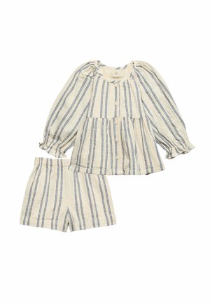 Langærmet knapbluse og shorts med elastik i taljen med lodrette blå og beige striber, designet til børn.