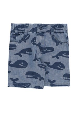 Pantaloncini blu per bambini con bottone e cerniera, caratterizzati da un motivo di balene blu scuro sorridenti.