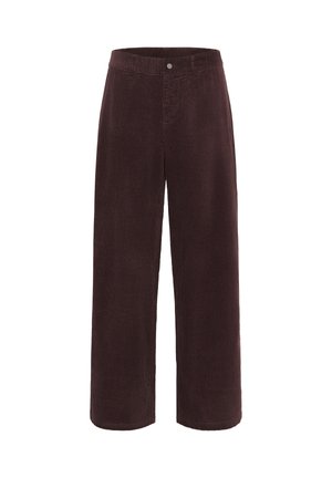 Wide-leg dark brown corduroy pants with front button, belt loops, and side pockets, shown against a white background.