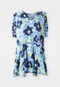 Bloementuniekjurk in lichtblauw met donkerblauwe, groene en witte bloemen. Heeft een V-hals, korte mouwen en een A-lijn vorm.