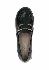 Black loafer with a textured finish, featuring a glossy upper and gold-tone hardware detail across the vamp. Inner lining is beige.