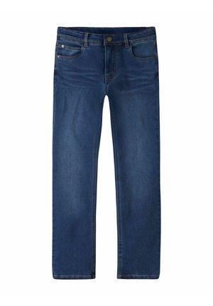 Jean bleu foncé à jambes droites avec bouton devant, fermeture éclair et design à cinq poches sur fond blanc.